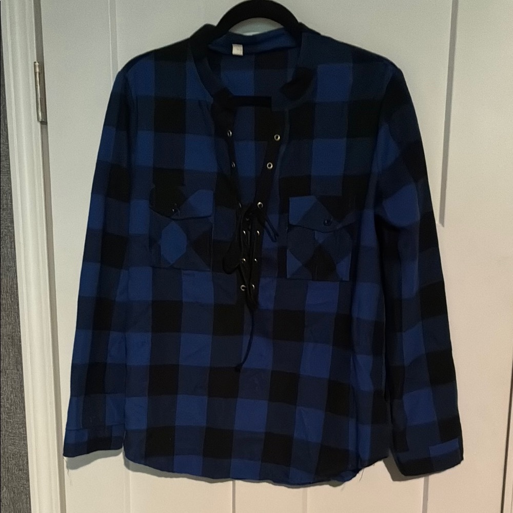 Blue and Black Plaid Lace-Up Shirt